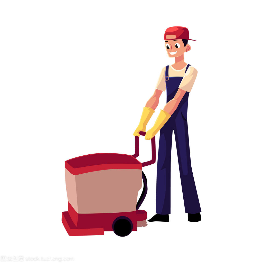 清潔服務(wù)男孩,男人用地板清洗機(jī)前, 視圖